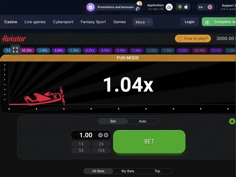 Aviator Argentina en casino por navegador en modo FUN con multiplicador 1.04x